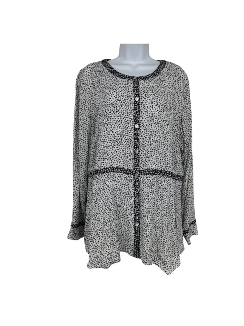J. Jill Women's Ditsy Floral Button-Front Long Sleeve Top Black & White Size L